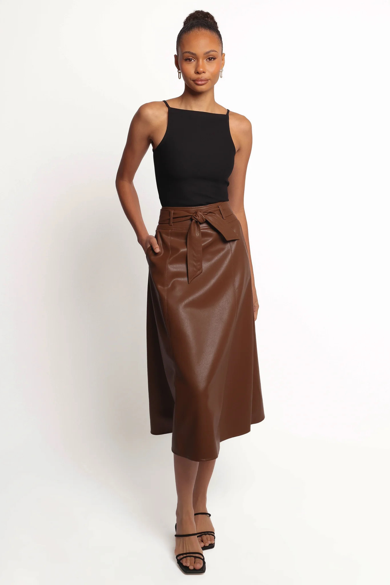 Adaline Faux Leather Midi Skirt - Brown | Petal & Pup (US)