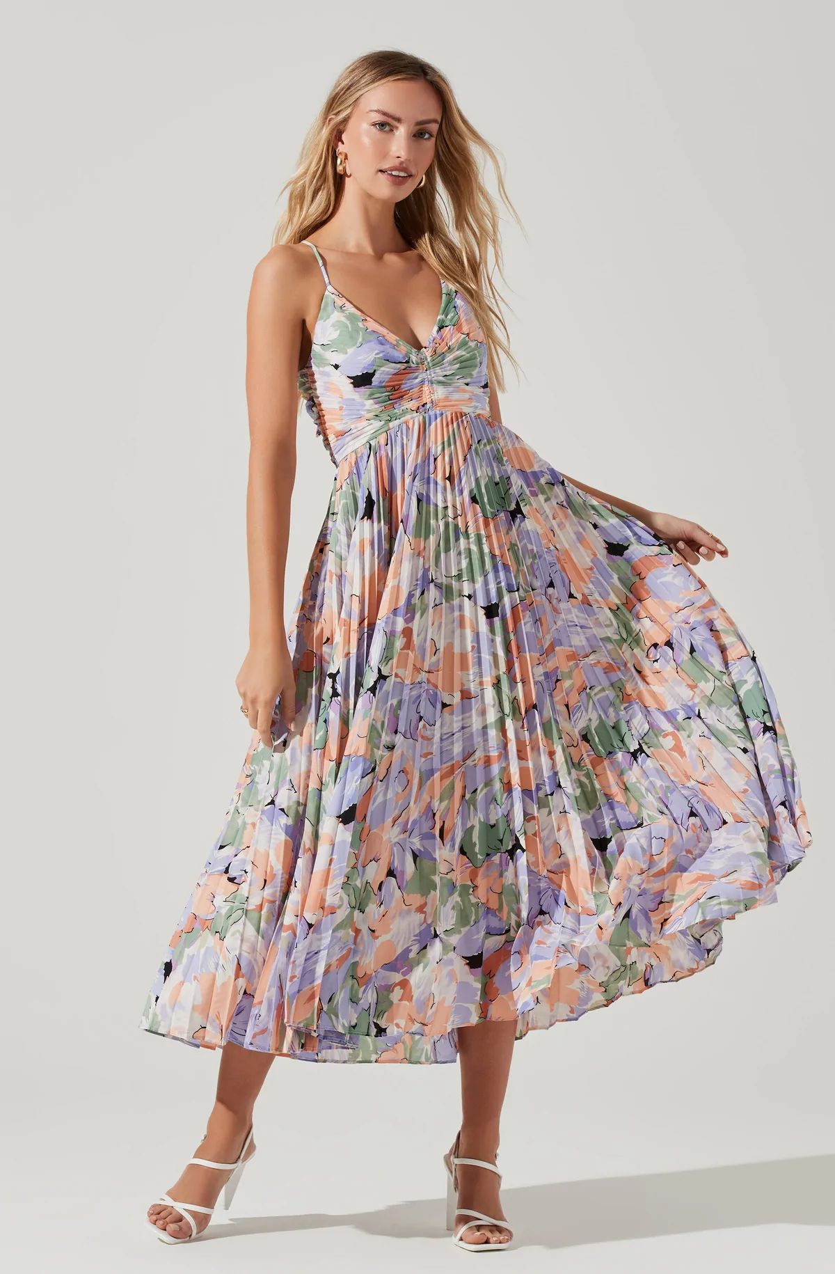 Blythe Floral Plisse Midi Dress - CORAL MULTI / XL | ASTR The Label (US)
