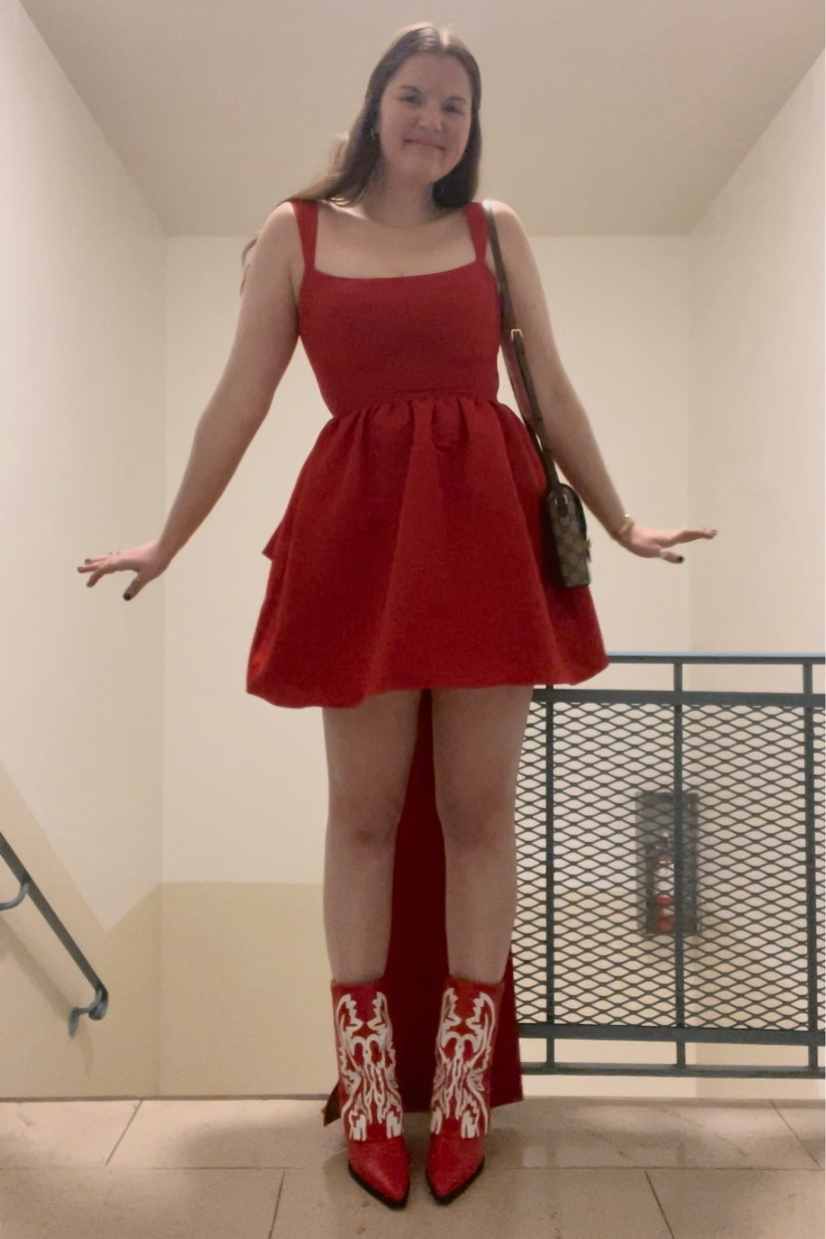 Anthropologie Sachin & Babi Blaine Bow Mini Dres, red, party dress, cocktail dress, harry styles love on tour concert outfit, gold jewelry, hoop earrings from amazon, rings, budget-friendly, affordable, nordstrom Esperanza Faux Leather Boot AZALEA WANG, western inspired cowboy boots, GUCCI Horsebit 1955 small GG-canvas and leather bag, neutral crossbody, designer purse,

#LTKunder100 #LTKstyletip #LTKunder50