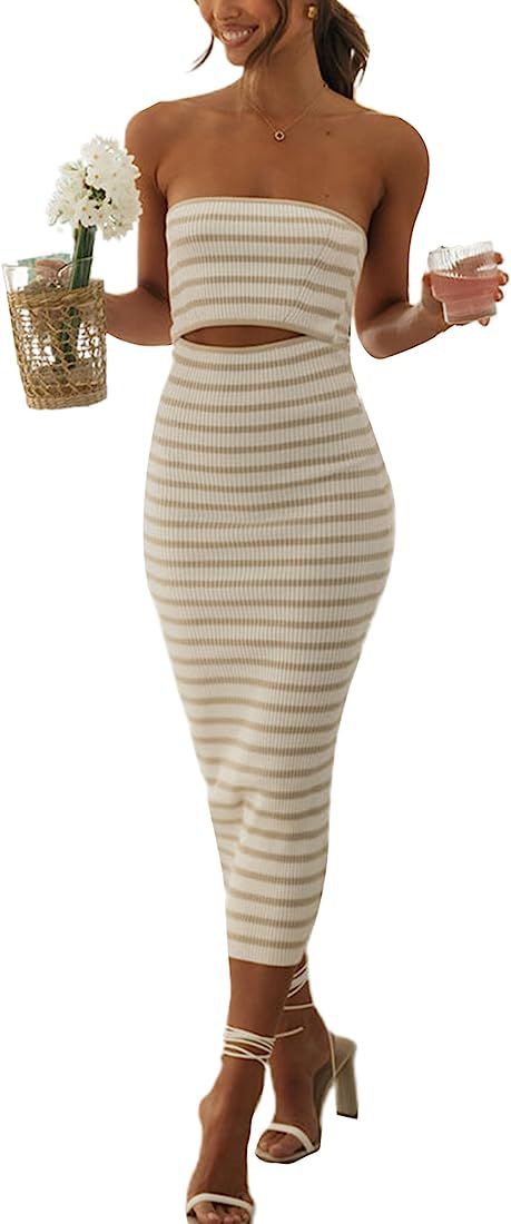 NUFIWI Women Summer Strapless Knitted Long Dress Off Shoulder Striped Cutout Midi Dress Bodycon B... | Amazon (US)