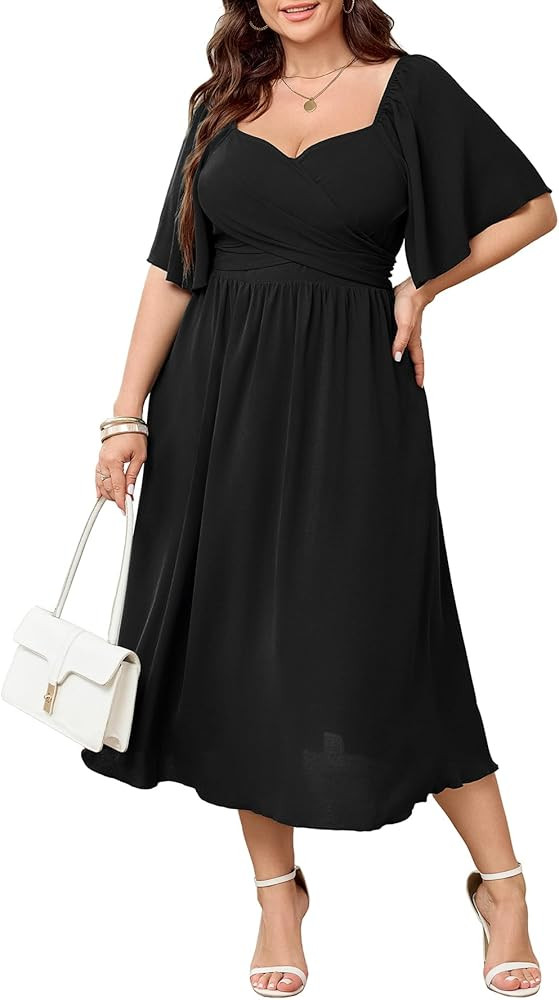 Women's Plus Size Midi Dress Sweetheart Neck Short Sleeve Wedding Guest Cocktail A Line Flowy Dre... | Amazon (US)