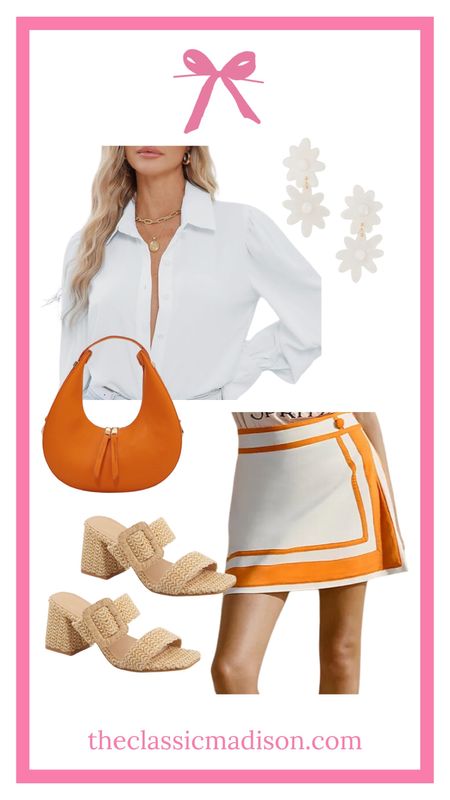 Preppy retro orange skirt with white puff long sleeve button up 
