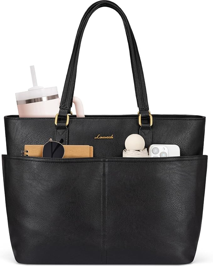 15.6 Inch Laptop Bag for Women, Vintage Leather Work Tote Bags with Large Cup Holder, Teacher Nur... | Amazon (US)