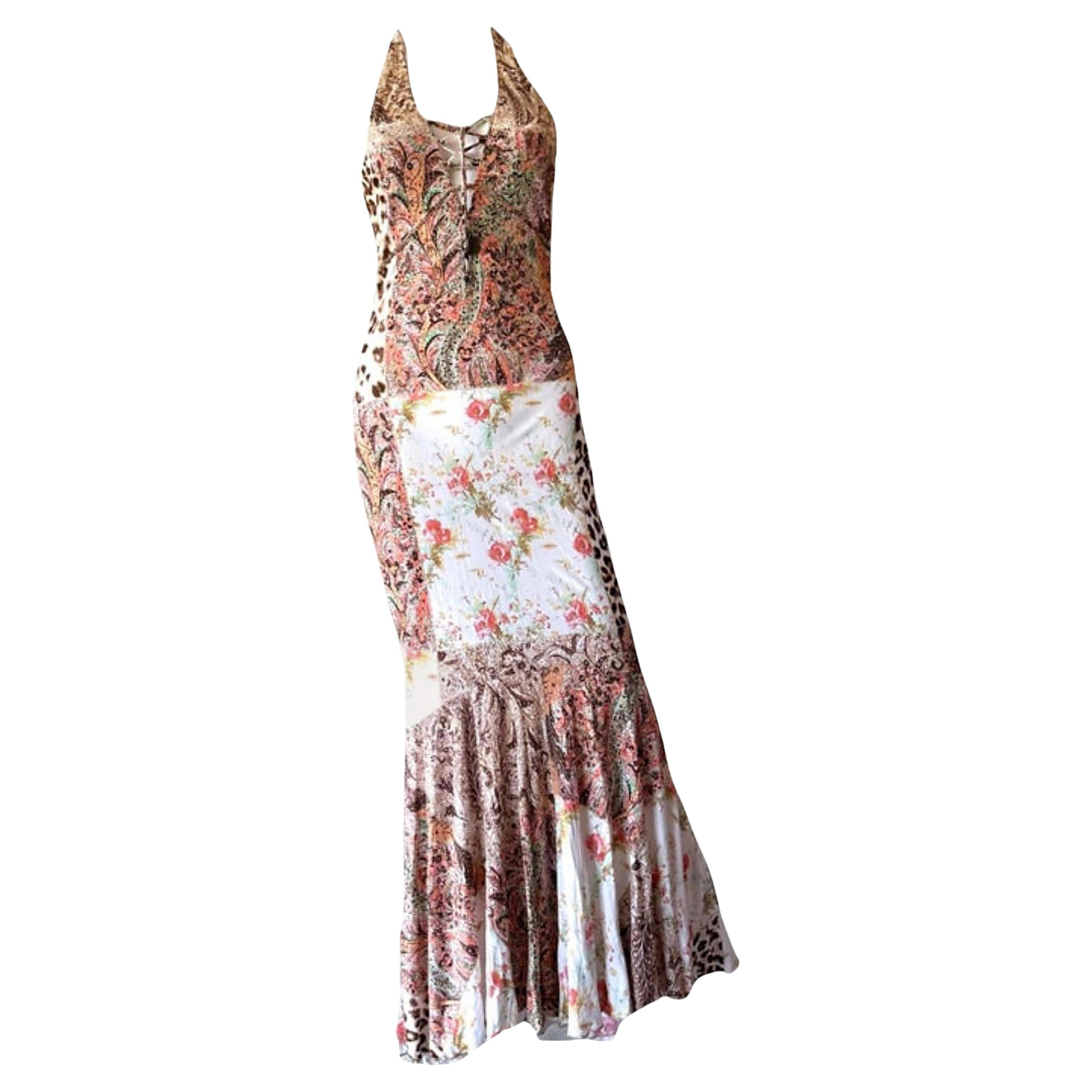 CLASS by ROBERTO CAVALLI Vintage 2000s Leopard & Floral Halter Mermaid Gown | 1stDibs