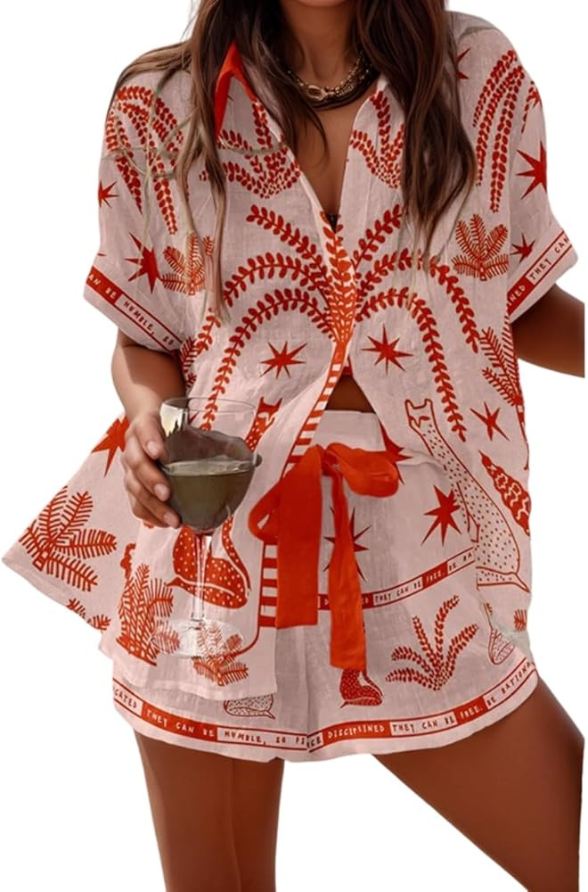 Women's Vacation Beach Two Piece Outfits Casual Floral Button Down Shirt Tops and Drawstring Shor... | Amazon (US)