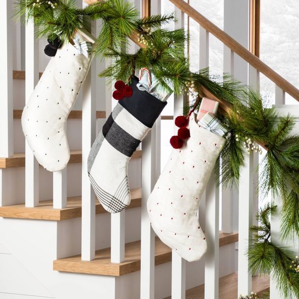 Rustic Star Stitched Poms Holiday Stocking Black/Cream - Hearth & Hand™ with Magnolia | Target