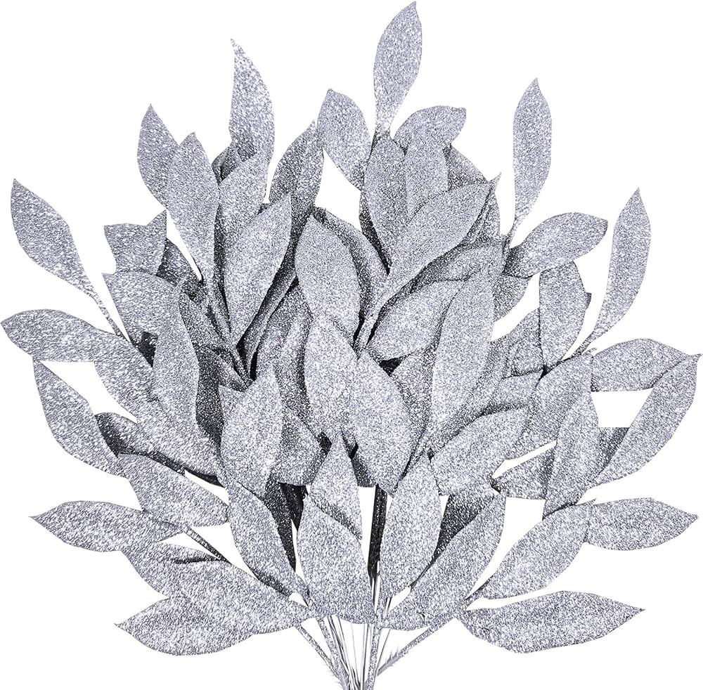 20 Pieces Artificial Silver Glitter Leaf Spray Leaf Picks 13" Tall for Christmas Winter Wedding W... | Amazon (US)
