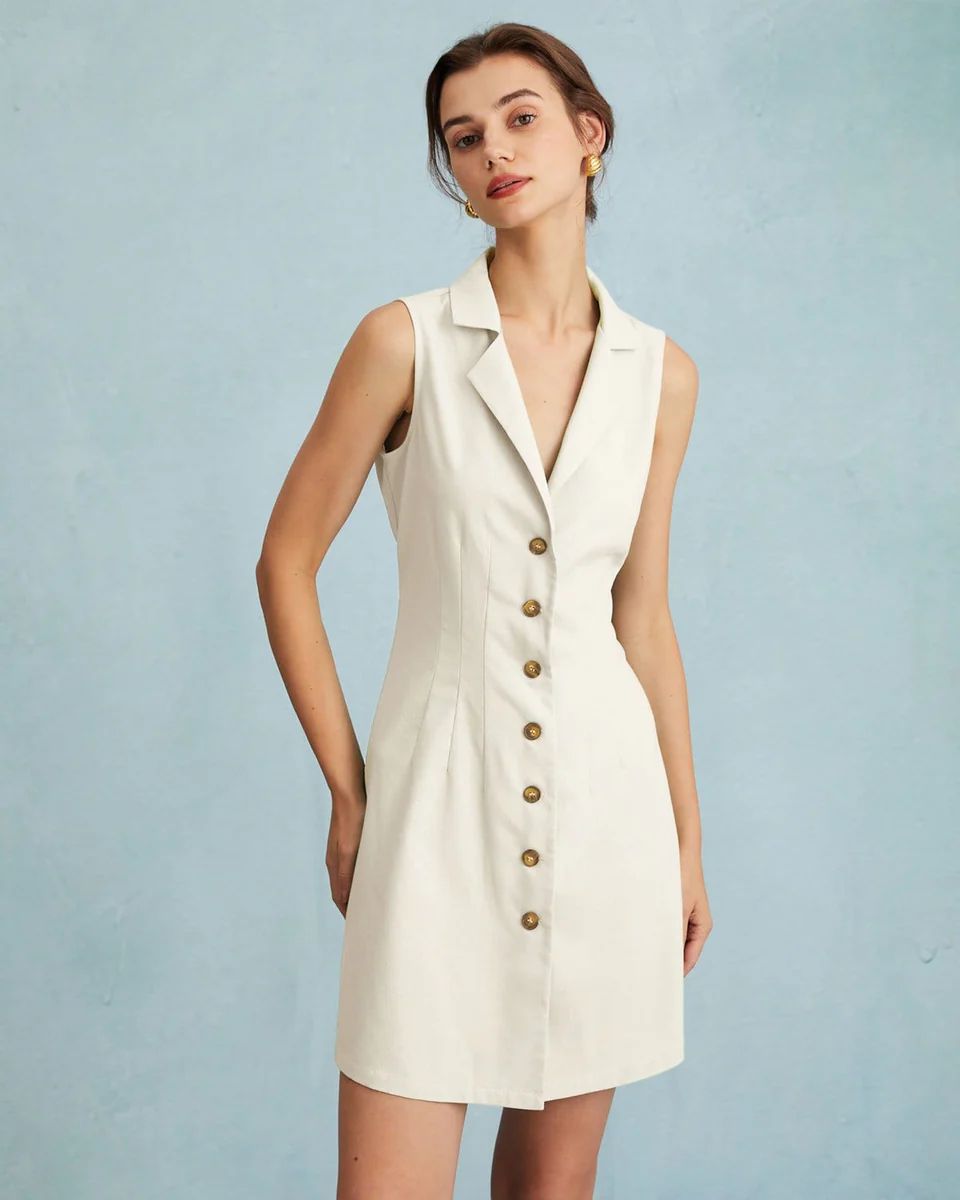 The Beige Lapel Button-up Sleeveless Mini Dress & Reviews - Beige - Dresses | RIHOAS | rihoas.com