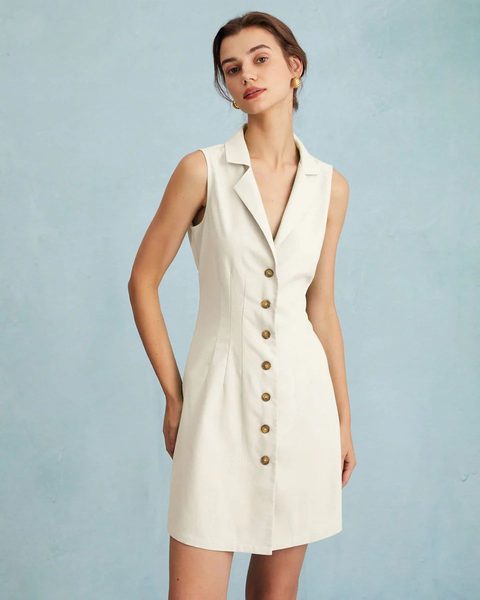 The Beige Lapel Button-up Sleeveless Mini Dress & Reviews - Beige - Dresses | RIHOAS | rihoas.com