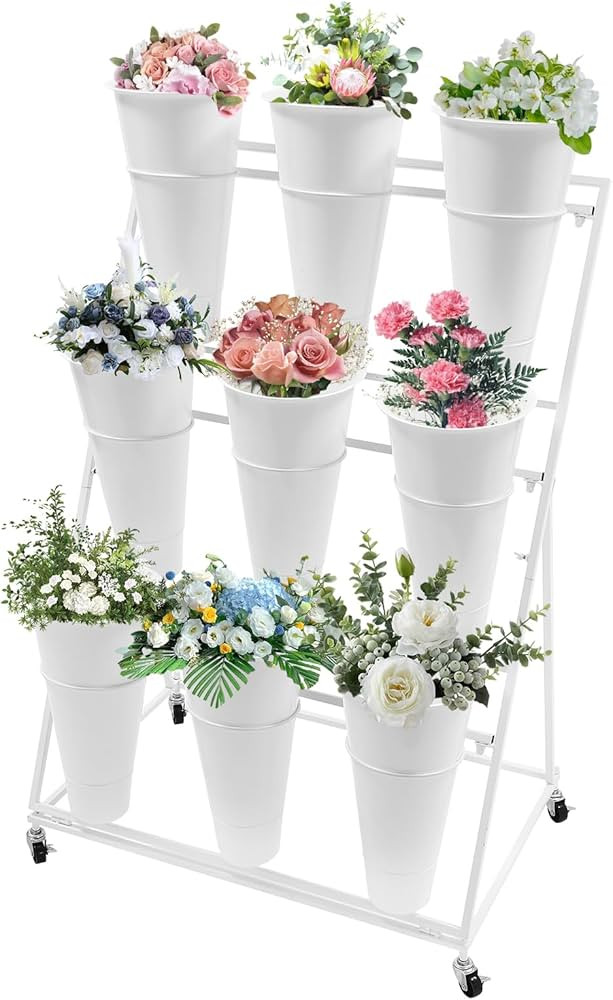 CNCEST Flower Display Stand with 9PCS Buckets,3 Tier Metal Plant Stand with Wheels,Moving Plant C... | Amazon (US)