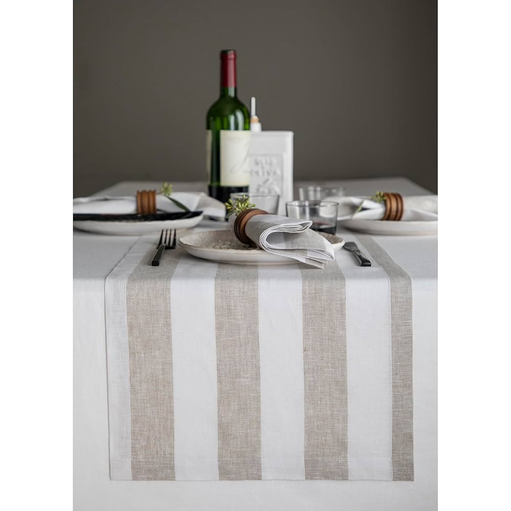 Solino Home Linen Table Runner 120 Inches Long - Cabana Stripe, 100% Pure Linen Natural and White... | Amazon (US)
