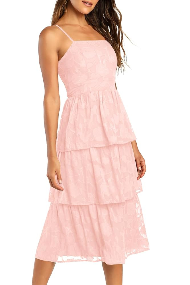 Ferlema Women's 2025 Summer Sleeveless Spaghetti Strap Smocked Tiered Flowy Beach Cocktail Midi D... | Amazon (US)