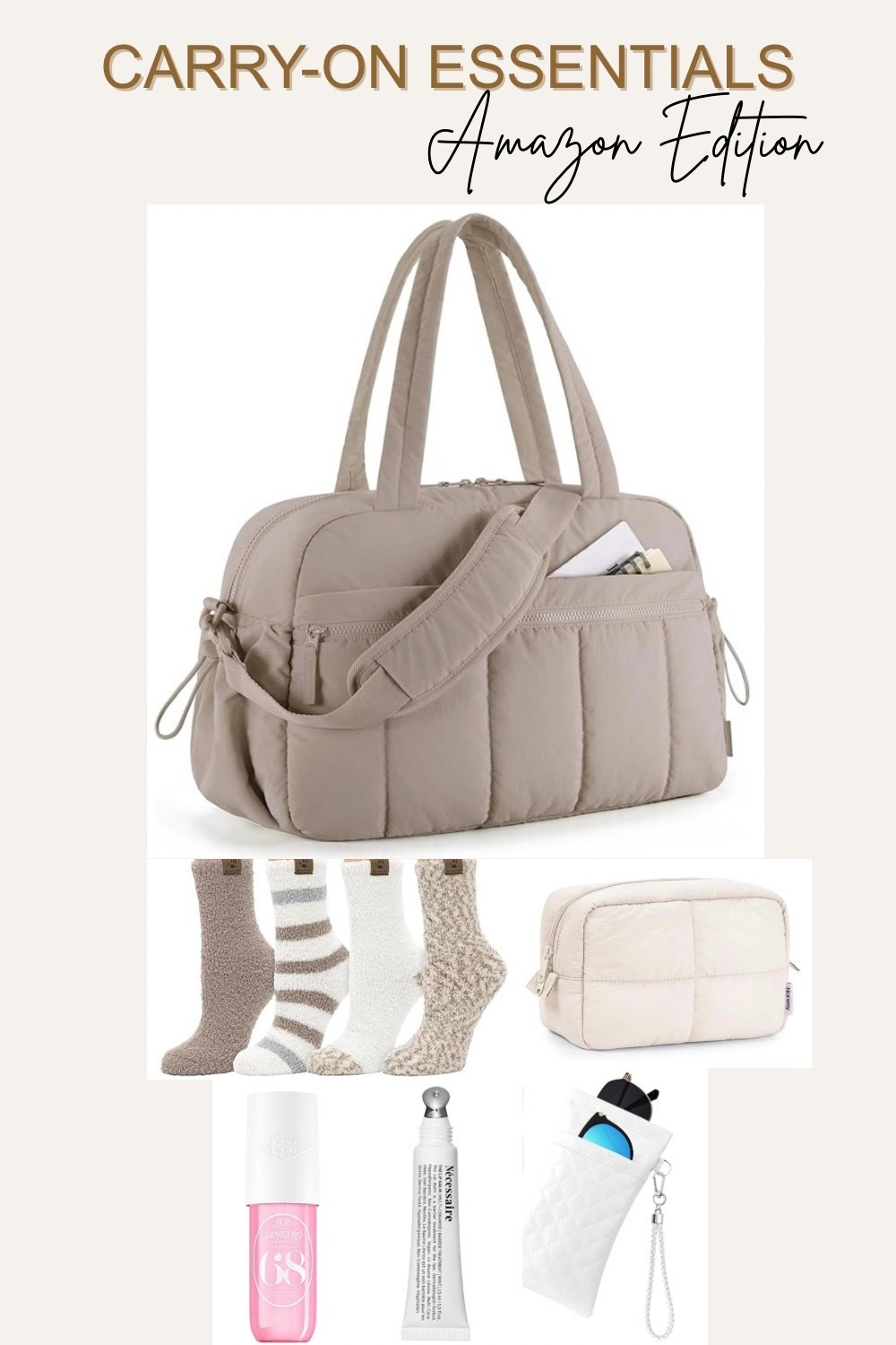 My carry-on must-haves for travel days 🤍
Everything I keep within reach on flights — practical, comfortable, and easy to pack. Neutral, functional, and perfect for staying organized while traveling. #travelessentials
#carryonessentials
#amazonfinds
#travelmusthaves
#neutralaesthetic
#travelstyle
#airportlife
#travelorganization

#LTKTravel #LTKootd #LTKFindsUnder50