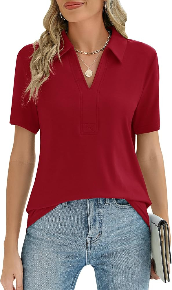 ZHENWEI Women's Short Sleeve V-Neck Polo Shirts Business Casual Work Collared Tops Dressy Johnny ... | Amazon (US)