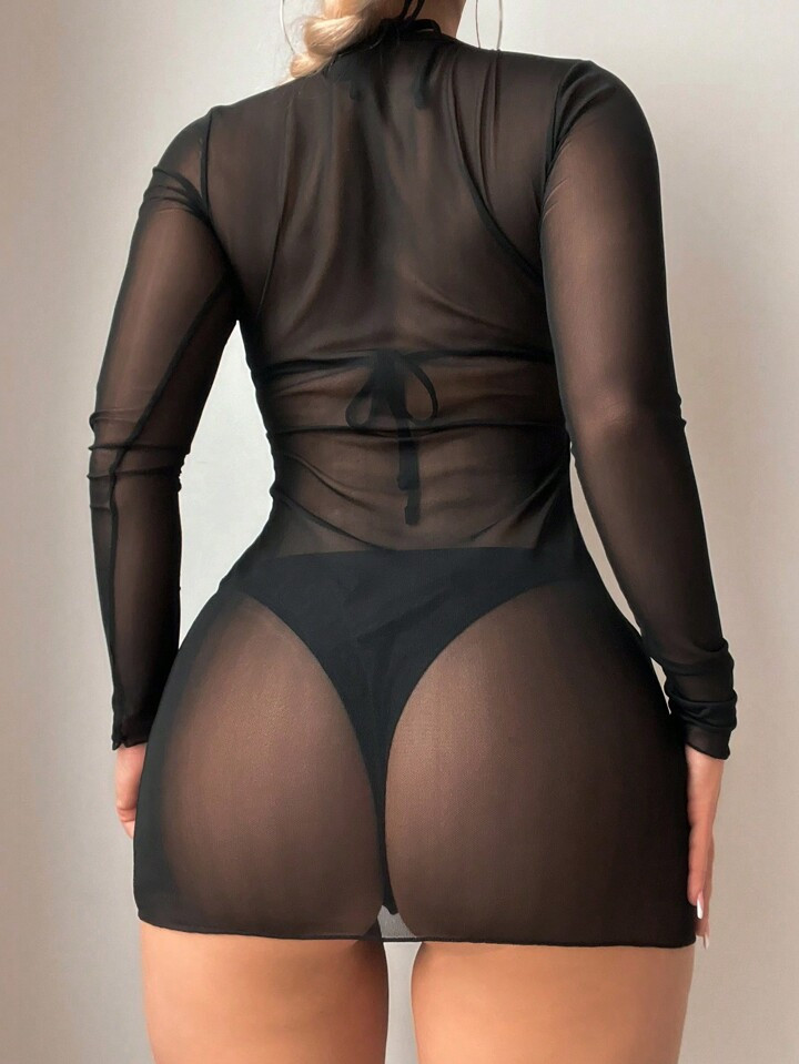 SHEIN Swim Juego De Bikini Con Cubierta De Malla De Perspectiva De Color Sólido | SHEIN