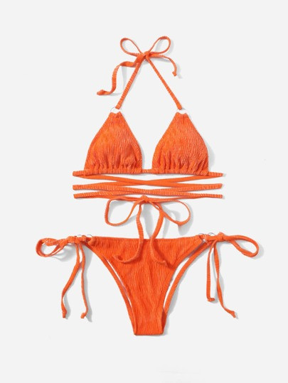 Textured Ring Linked Halter Triangle Bikini Swimsuit | SHEIN