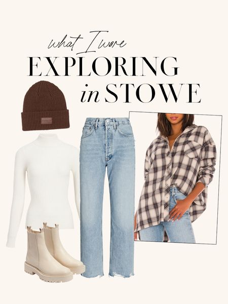 Fall vacation in Stowe, VT. Casual outfit for daytime exploring! Size down in jeans and size up 1/2 size in boots. 

Fall outfit, flannel outfit, fall flannel, agolde jeans, casual Fall Outfit, minimal Outfit, neutral Outfit

#LTKstyletip #LTKtravel #LTKSeasonal