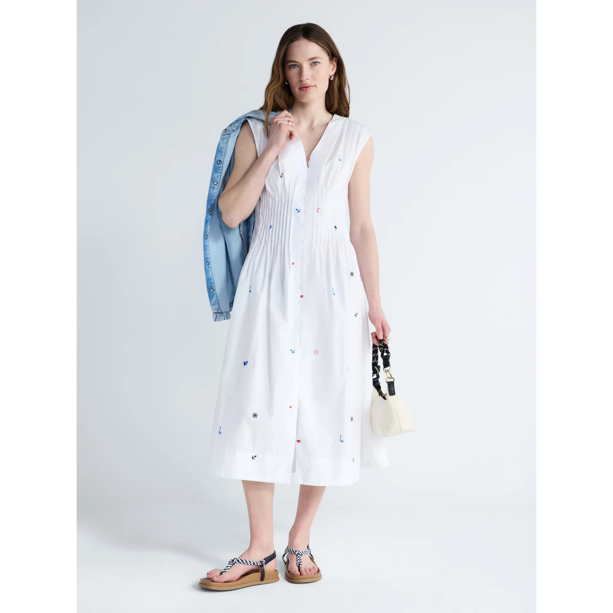 Free Assembly Women's Sleeveless Embroidered Cotton V-Neck Midi Dress, Sizes XS-XXL | Walmart (US)