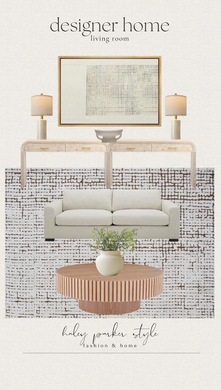 Designer home living room design! 

Console table, artwork, wall art, table lamp, coffee table, vase, rug, home decor 

#LTKHome #LTKFindsUnder100 #LTKSaleAlert