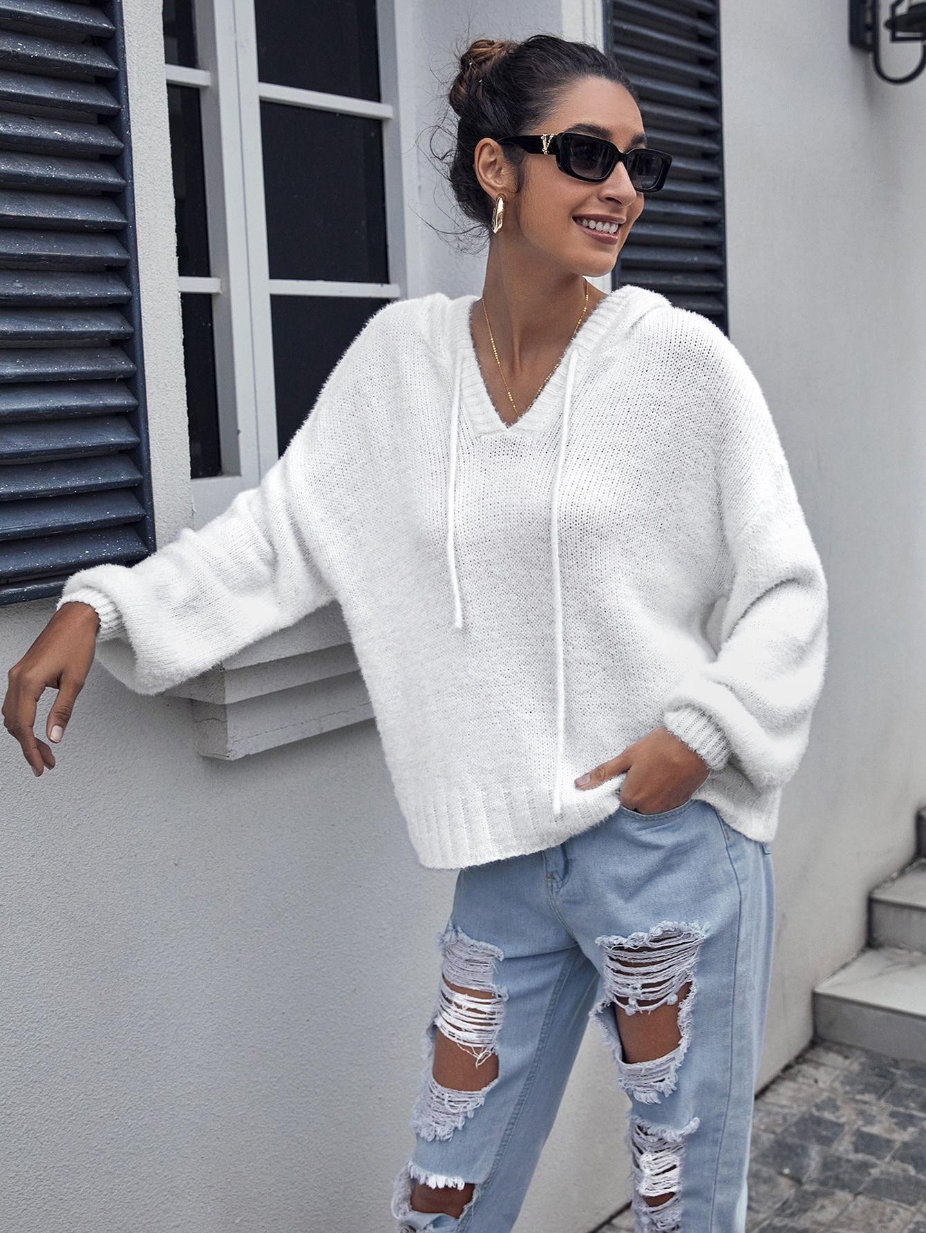 Drop Shoulder Fuzzy Knit Drawstring Hooded Sweater | SHEIN