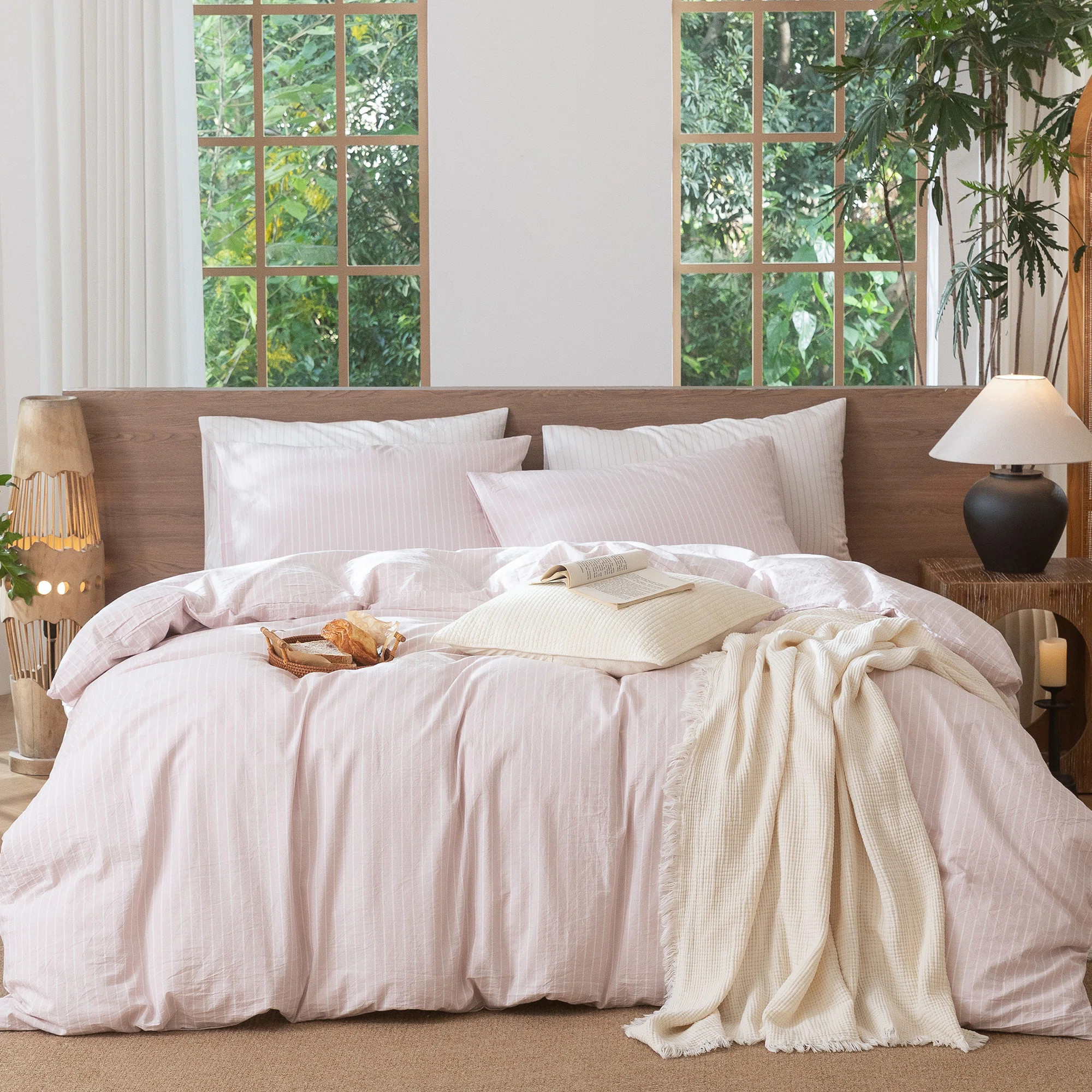 MooMee Striped Duvet Cover Set 100% Washed Cotton Linen Like Textured | Wayfair North America