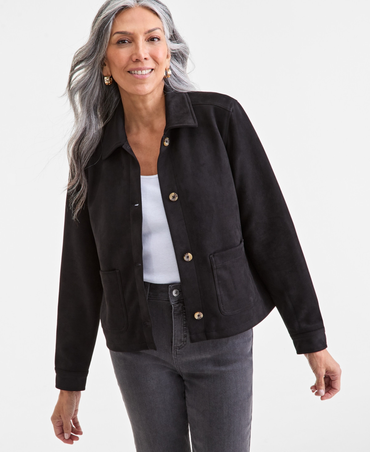 Style & Co Women's Faux-Suede Button-Front Jacket, Macy's Exclusive - Deep Black | Macy's