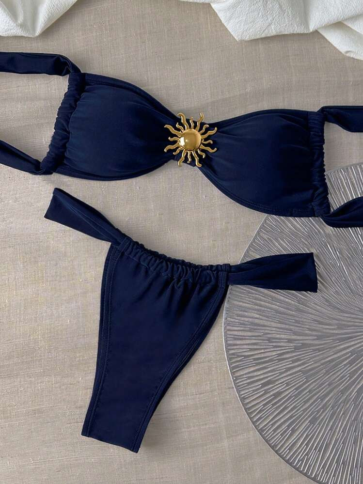 Swim Chiccia Solid Color Triangular Cup Metal Sun Decor Bikini Set, For Summer Beach Vacation | SHEIN