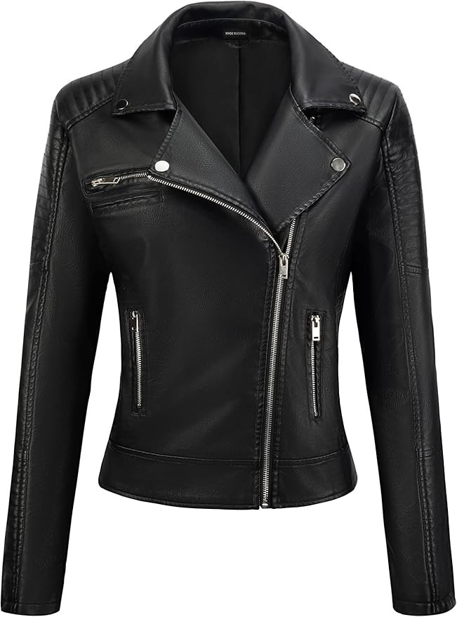 Amazon.com: Women's Faux Leather Jacket Black Motorcycle Moto Biker Short Coat : Home & Kitchen | Amazon (US)