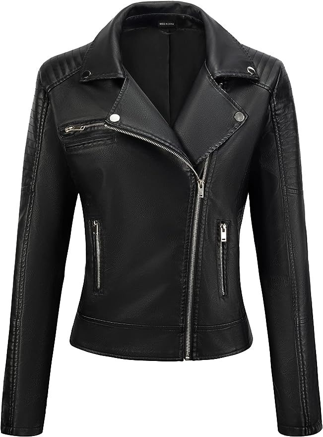 Amazon.com: Women's Faux Leather Jacket Black Motorcycle Moto Biker Short Coat : Home & Kitchen | Amazon (US)