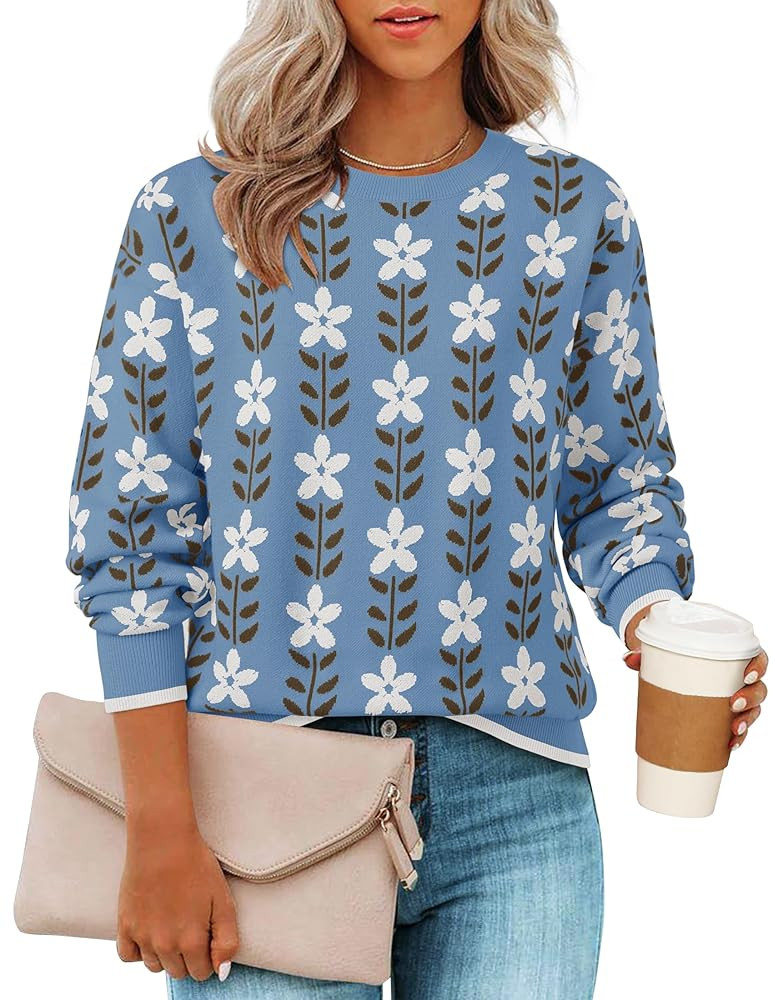 ZESICA Women's Long Sleeve Crewneck Sweater 2025 Fall Printed Cute Oversized Knitted Pullover Top... | Amazon (US)