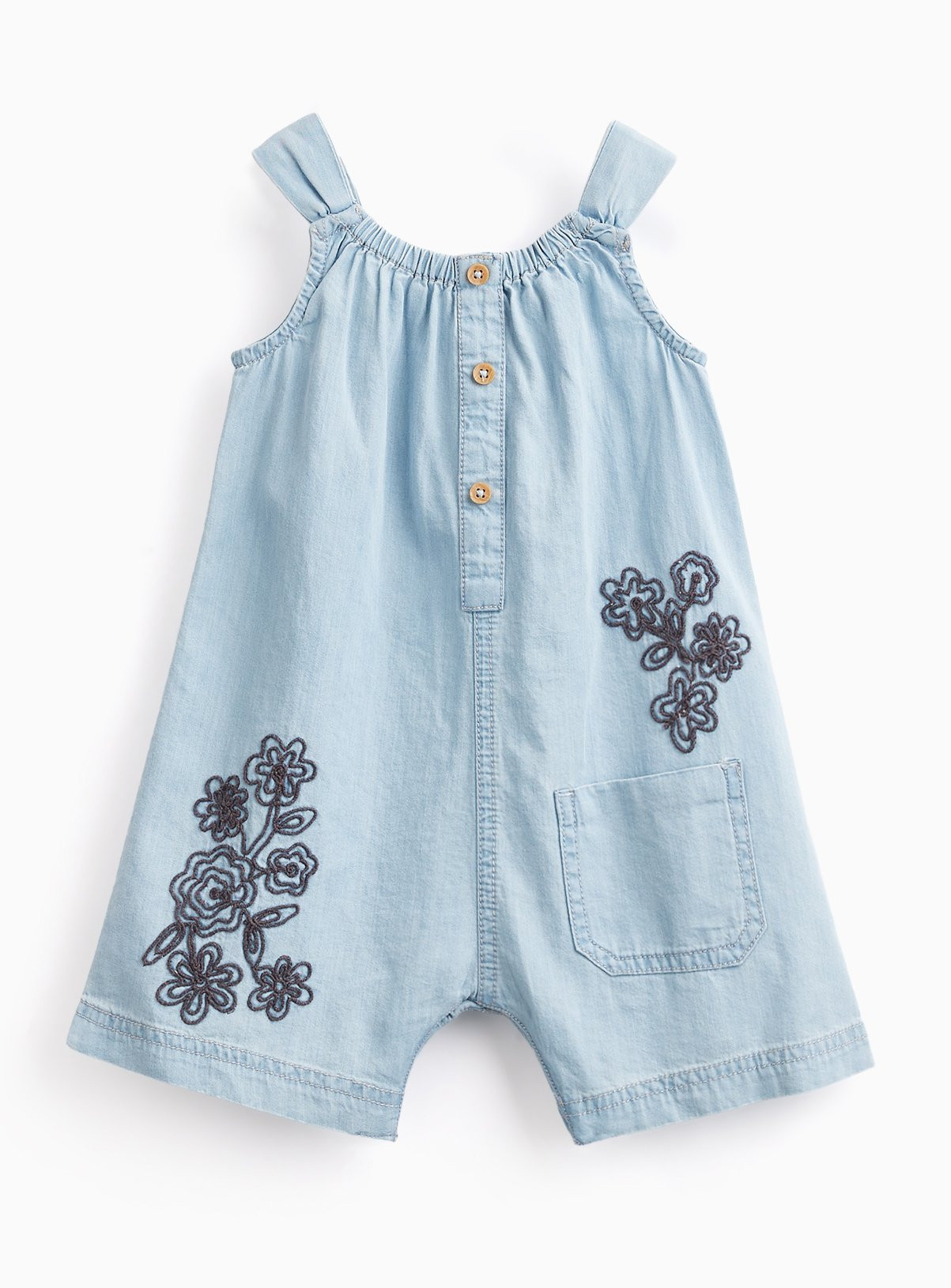 Blue Denim Floral Embroidered Sleeveless Romper 3-6 months | Tu Clothing