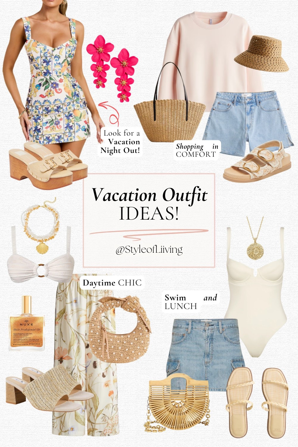 Vacation outfit ideas! Look for a vacation night out, casual comfortable look, daytime chic, and swim to lunch look! Denim shorts and skirts, mini dresses, linen pants, rattan sandals and wedges, tote bags and clutches, jewelry, tanning lotion, and more! Shop now for your beach vacation! #ltktravel #ltkshoecrush

#LTKStyleTip #LTKSwim #LTKSeasonal