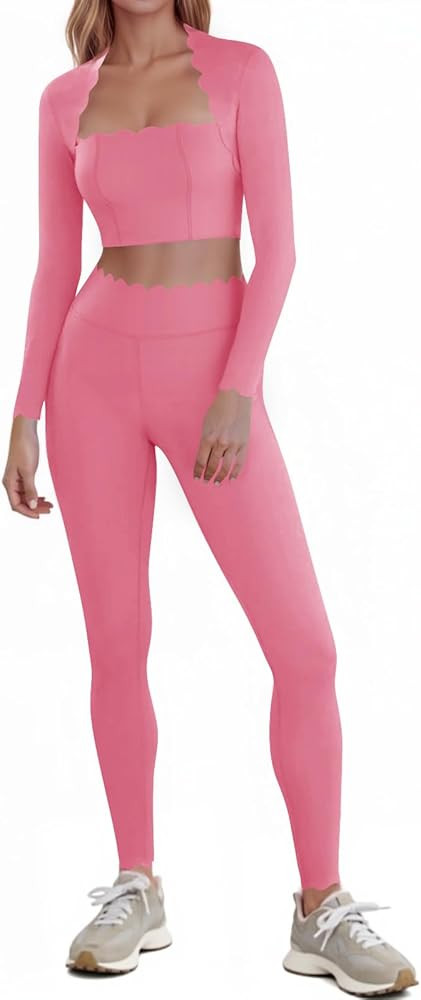 Fisoew Two Piece Workout Sets For Women High Waisted Scolloped Leggings with Crop Tops Gym Yoga A... | Amazon (US)
