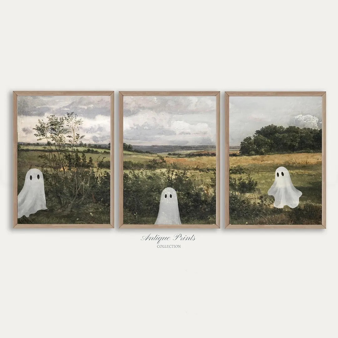 Neutral Landscape Ghosts Wall Art, Fall Spooky Halloween Set of 3 Prints, Autumn Countryside Pain... | Etsy (US)