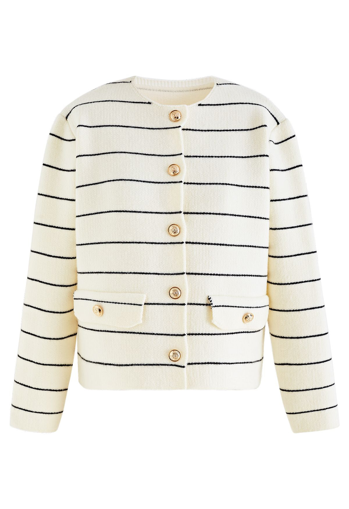 Contrast Stripes Button Down Cardigan in Ivory | Chicwish