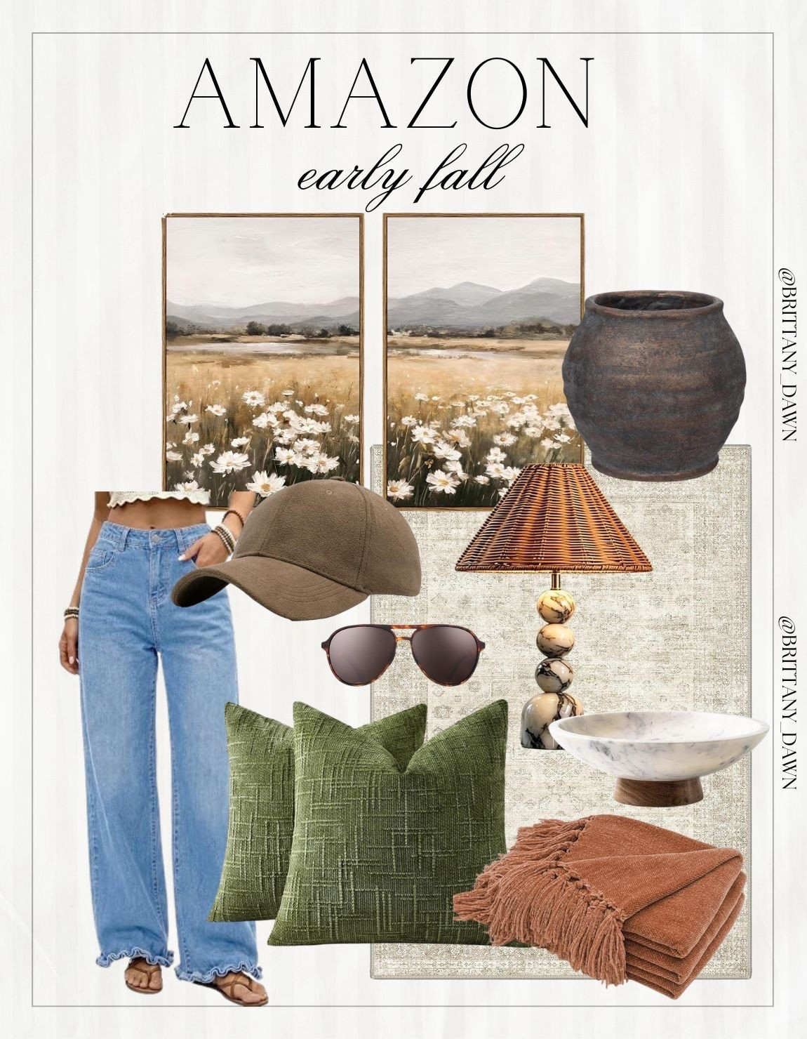 I’m loving these warm Amazon home decor and style essentials for early fall! 🌾

Featuring scenic landscape wall art, textured green throw pillows, rustic lamps, cozy fringe throw blankets, and classic wide-leg denim, these finds bring instant cozy vibes to your home and wardrobe. ✨

#AmazonHome #AmazonFashion #FallDecor #EarlyFall #CozyHome #NeutralDecor #LTKhome #LTKunder50 #LTKsalealert #LTKstyletip #InteriorStyling #FallInspo

#LTKootd #LTKSeasonal #LTKHome