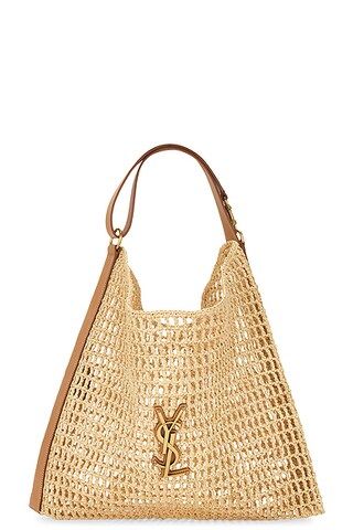 Saint Laurent Raffia Shoulder Bag in Naturel & Vintage Brown Gold | FWRD | FWRD 