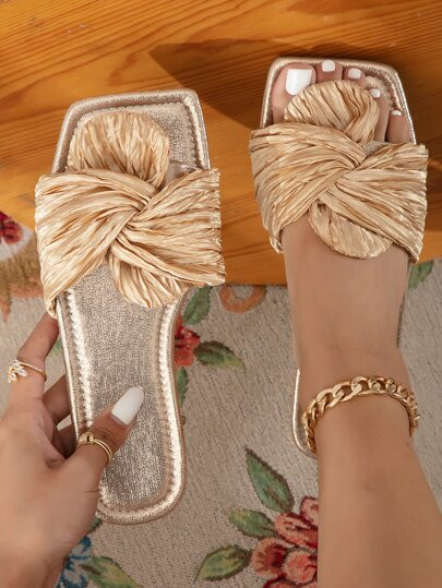 Women's Flat Slippers, Champagne-Color Fashionable & Comfortable Sandals, Ladies' Casual Bow-Tied... | SHEIN