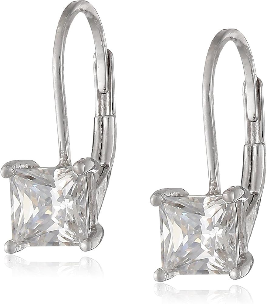 Amazon.com: Amazon Essentials Platinum Plated Sterling Silver Princess Cut Cubic Zirconia Leverba... | Amazon (US)