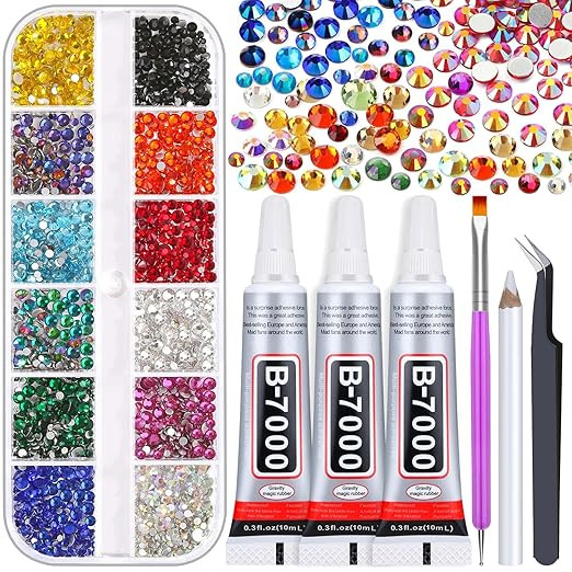 Rhinestones Adhesive Glue for Fabric, 2100Pcs 12 Color Craft Rhinestones Flatback with B7000 Glue... | Amazon (US)