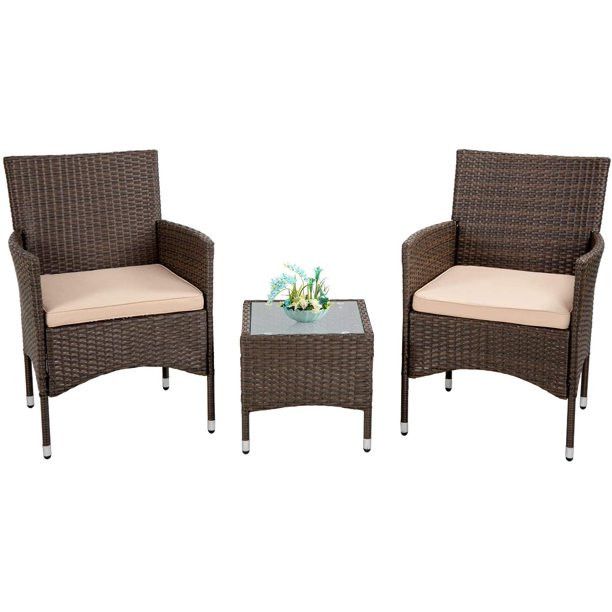 FDW Patio Furniture Sets 3 Pieces Wicker Bistro Set Outdoor, Khaki Cushion, Steel Frame, Modern -... | Walmart (US)