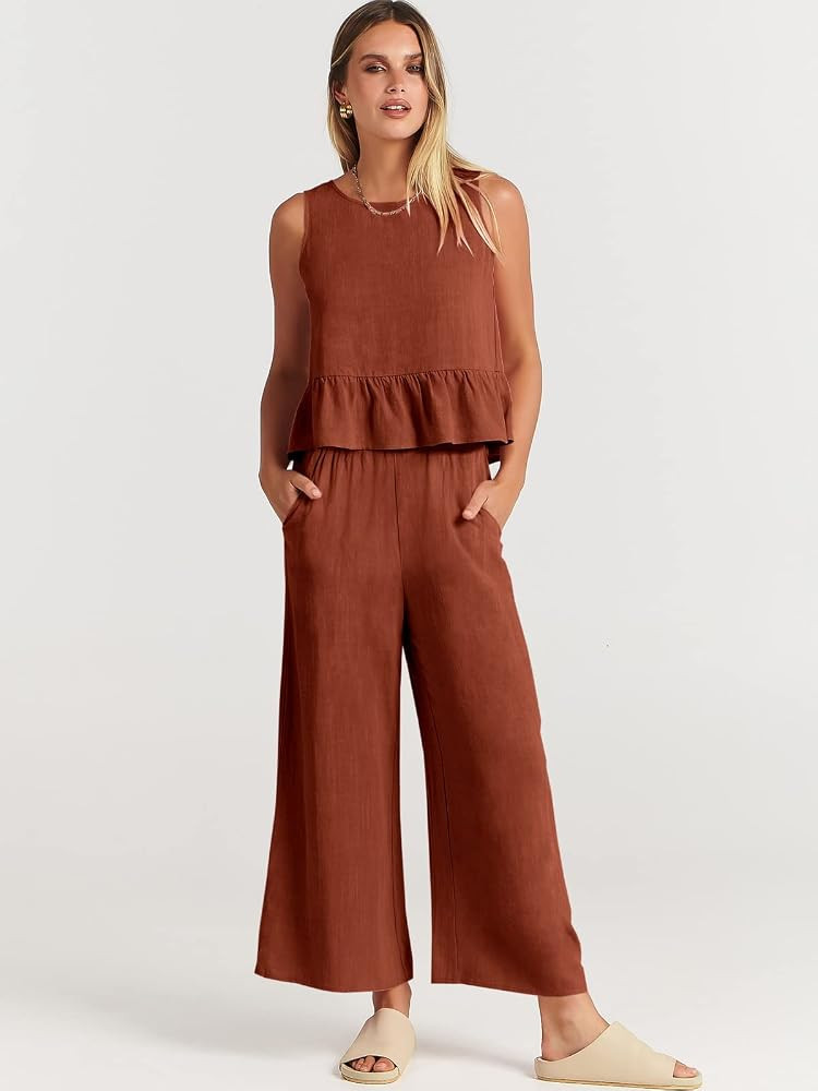 ANRABESS Women's Summer 2 Piece Outfits Sleeveless Tank Crop Button Back Top Cropped Wide Leg Pants  | Amazon (US)