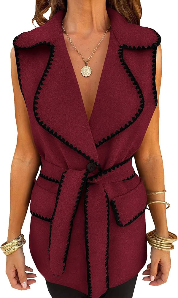 PRETTYGARDEN Womens Winter Coats V Neck Button Belt Pockets Sleeveless Cardigan Fall Warm Long Ve... | Amazon (US)