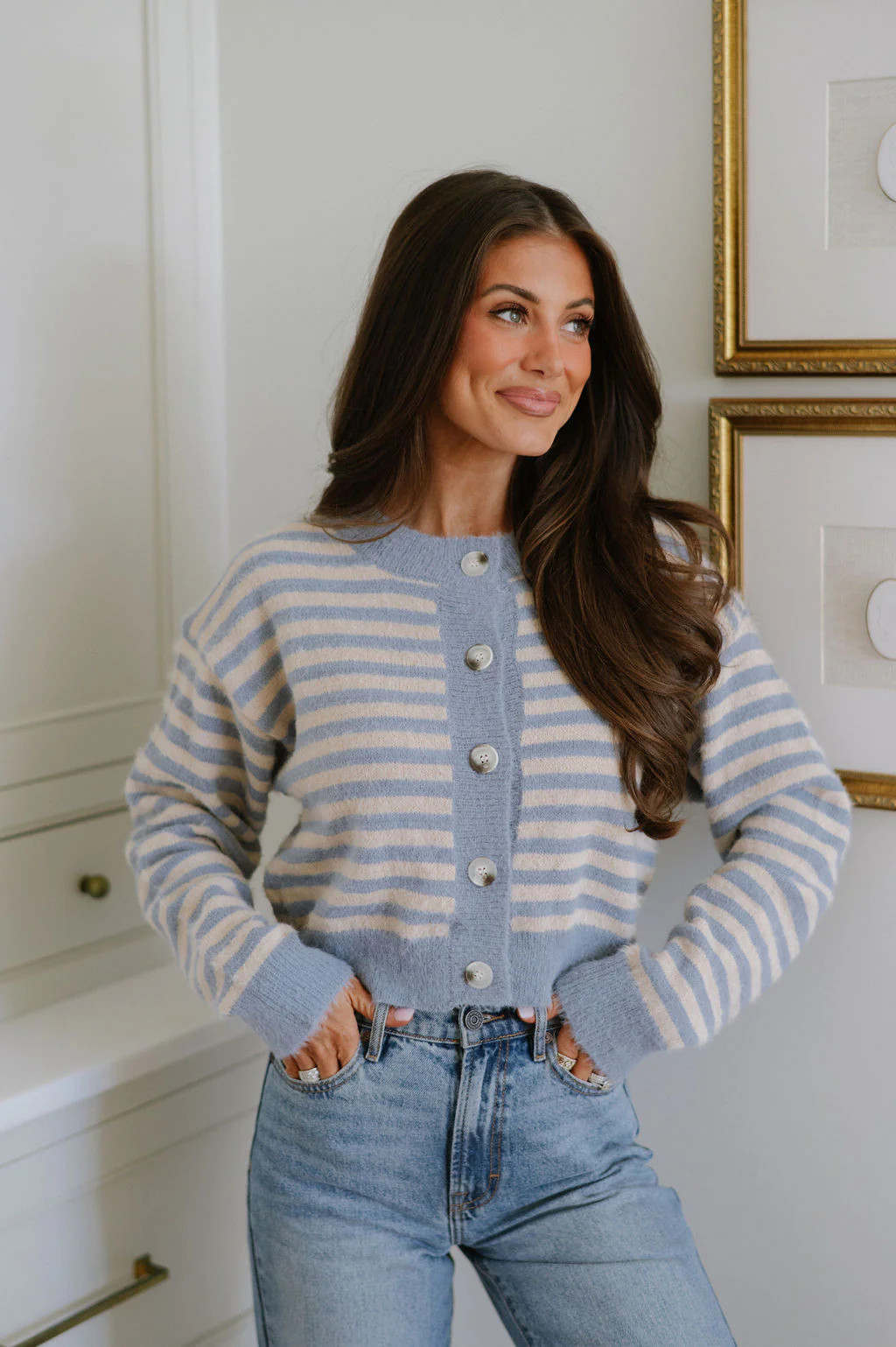 Beverly Cardigan-Blue Stripe | These Three