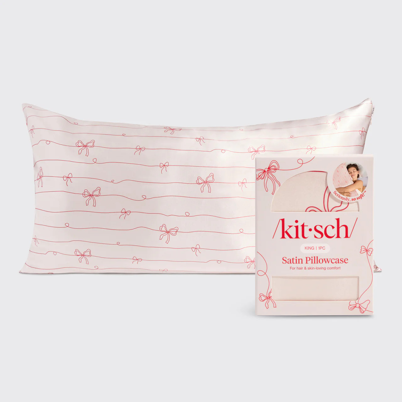Satin Pillowcase in Striped Bows - King | Kitsch