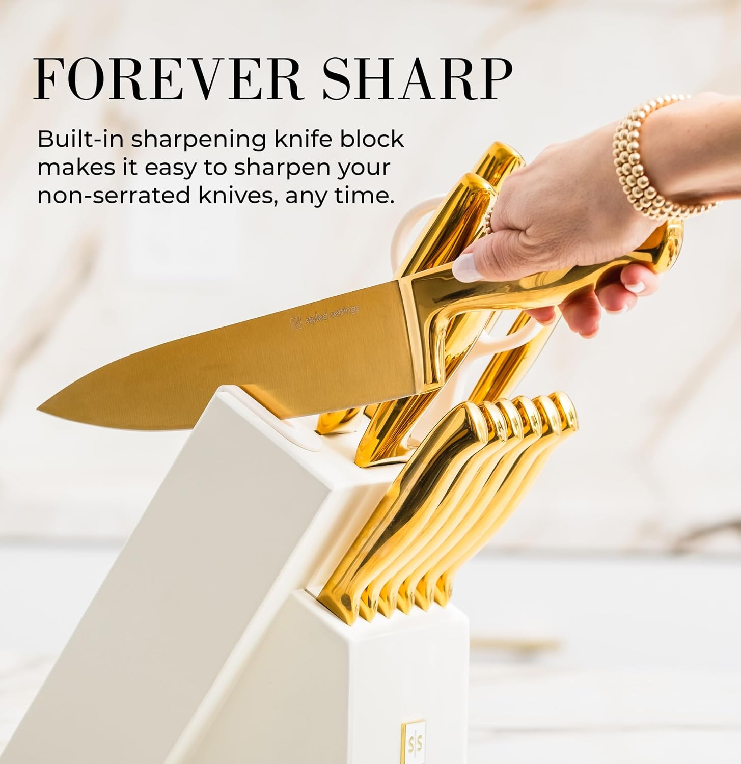 STYLED SETTINGS White and Gold Knife Set with Block – 14-PC Full Tang Titanium-Coated Stainless Steel Gold Knives and White Knife Block with Built-In Sharpener – Luxury Kitchen Accessories | Amazon (US)