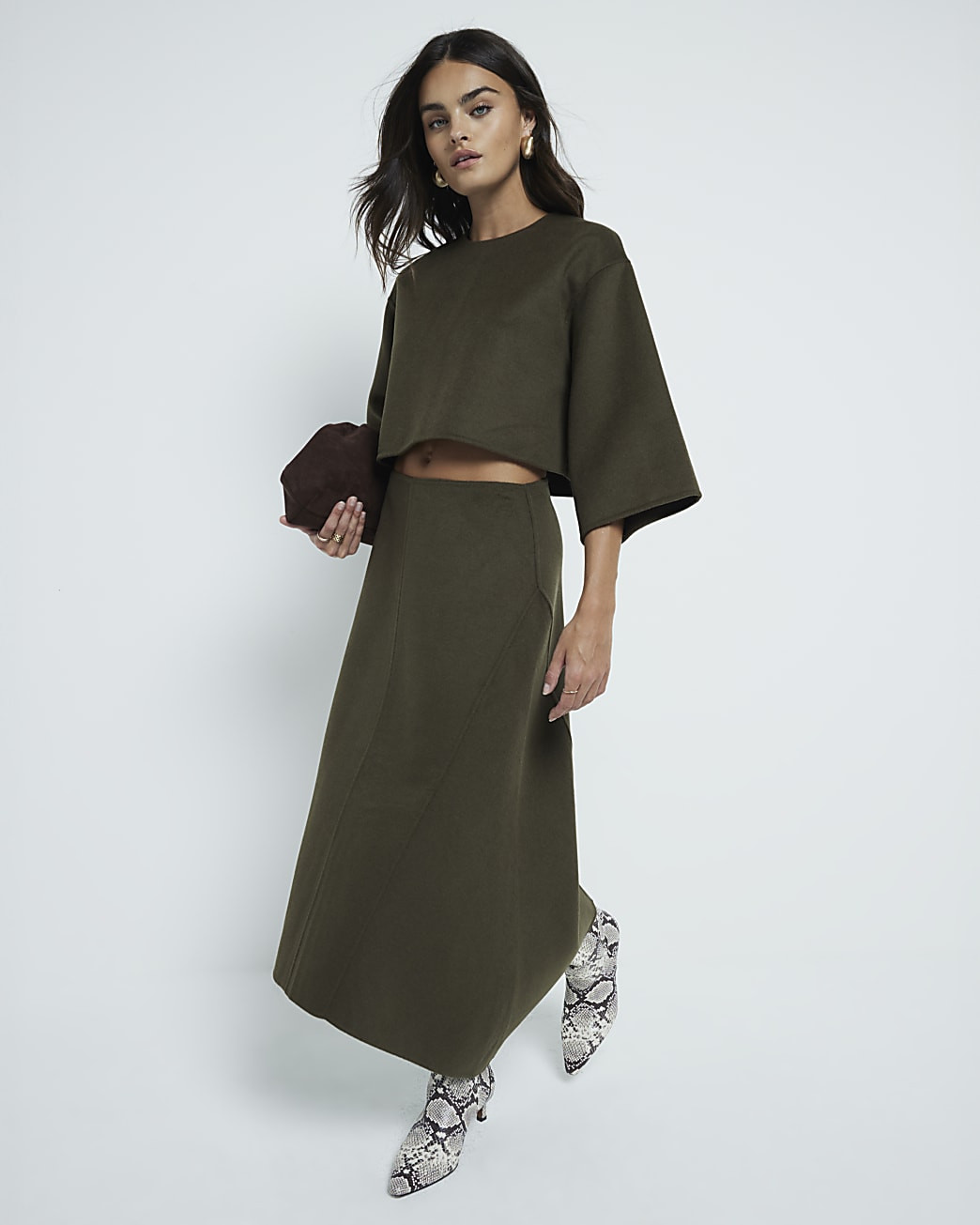 Khaki wool midi skirt | River Island (UK & IE)
