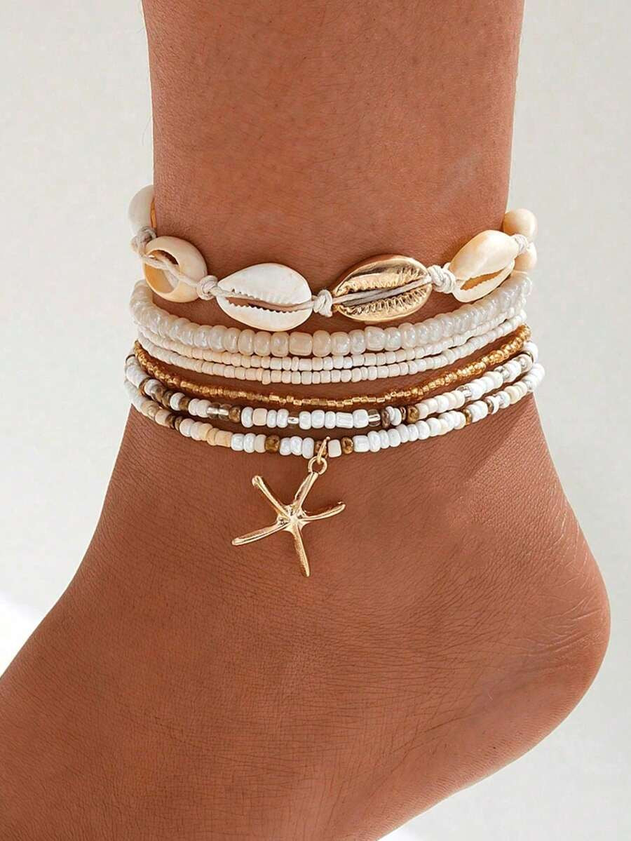 7pcs Bohemian Style Beaded Handmade Bracelet With Shell & Starfish Elements, Women Summer Beach H... | SHEIN