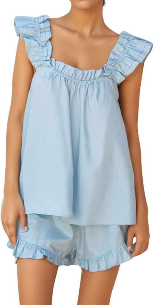 Womens Summer Pajama Sets 2 Piece Outfits Ruffle Trim Top and Shorts Cotton Loungewear Set | Amazon (US)