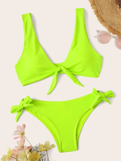 Neon Lime Knot Front Top With Tie Side Bikini Set | ROMWE